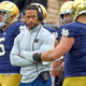 Notre Dame Fighting Irish defensive coordinator Marcus Freeman looks on during a game between the Notre Dame Fighting Irish and the Georgia Tech Yellow Jackets on November 20, 2021 at Notre Dame Stadium, in South Bend, IN.